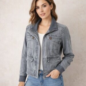 FDJ French Dressing Jeans Womens Gray Denim Knit Trim Utility Jacket L 626398E